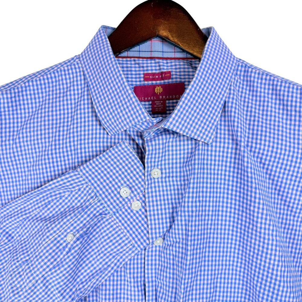 Michael Brandon Mens Slim Fit Gingham Button Down Shirt Blue‎ White XXL 18-18.5